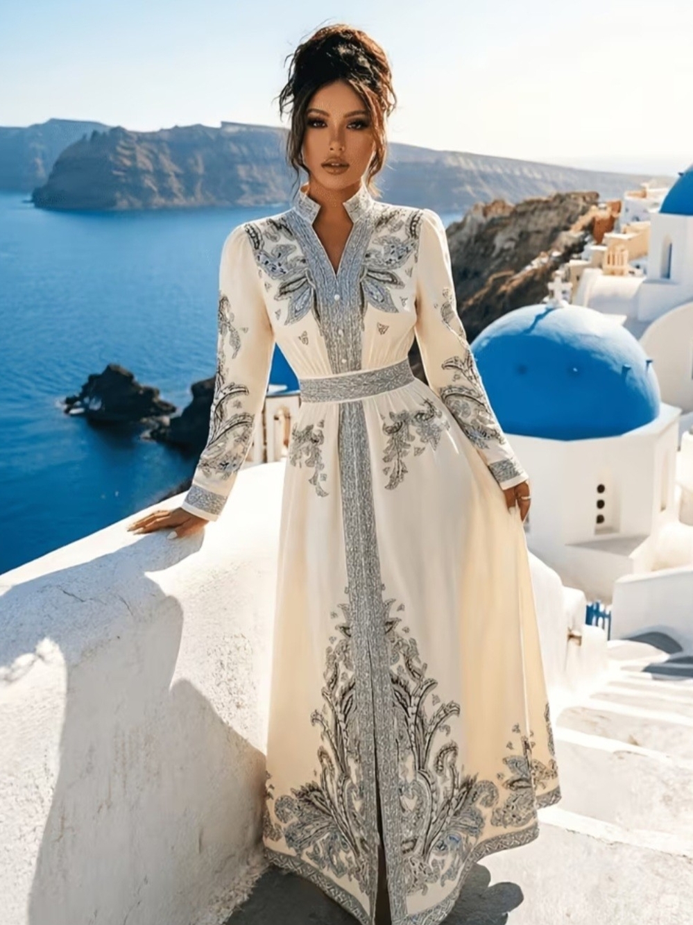 Embellished Ivory Maxi Dress with Silver Detailing